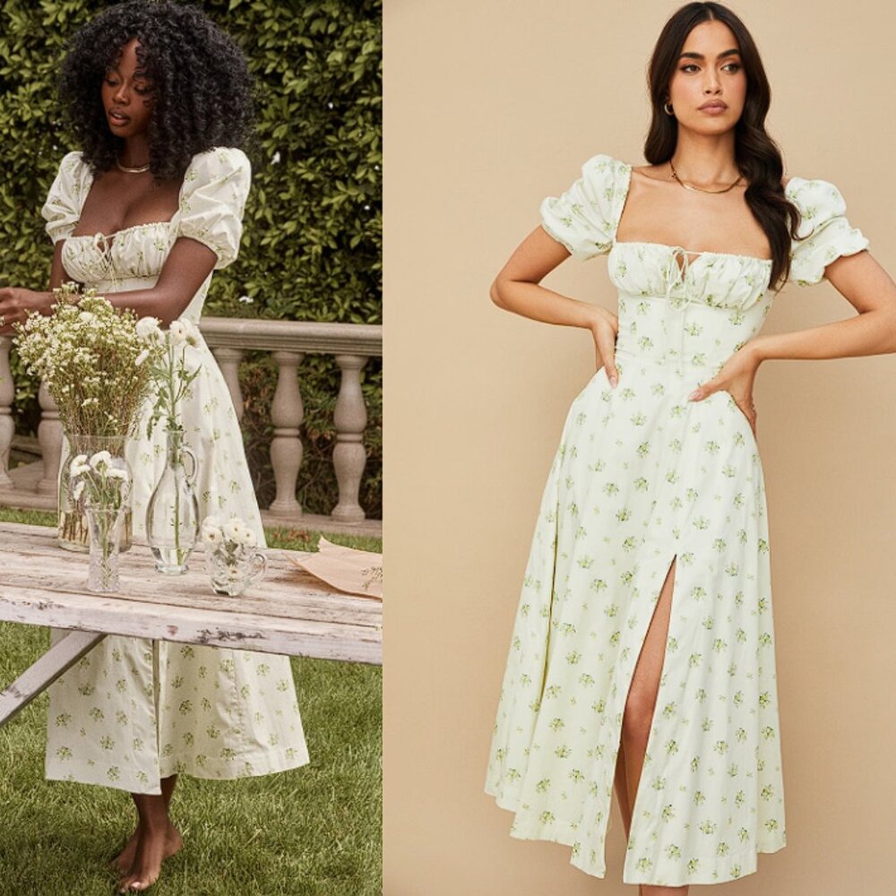 HOUSE OF CB 'Tallulah' Ivory Floral Puff Sleeve Midi Dress NWOT